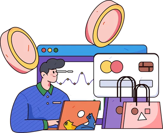 Young man doing shopping analysis on shopping website  Illustration