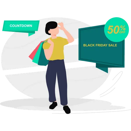 Young man doing  shopping on Black Friday with 50% off  Illustration