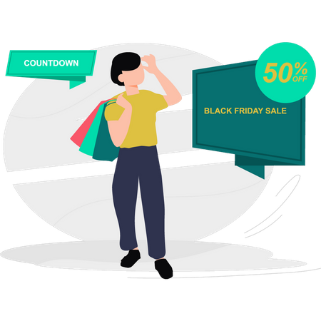 Young man doing  shopping on Black Friday with 50% off  Illustration