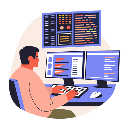 Young man doing software Programming work  Illustration