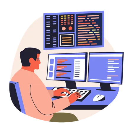 Young man doing software Programming work  Illustration