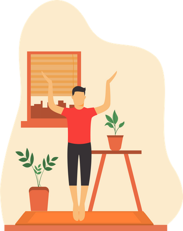 Young Man Doing Standing Yoga In Home  Illustration