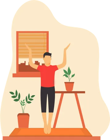 Young Man Doing Standing Yoga In Home  Illustration