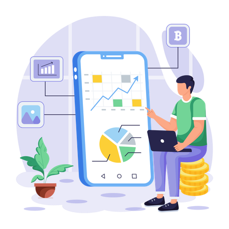 Young man doing trading analysis using Trading App  Illustration