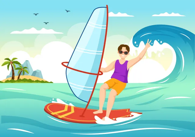 Young man doing Windsurfing  Illustration