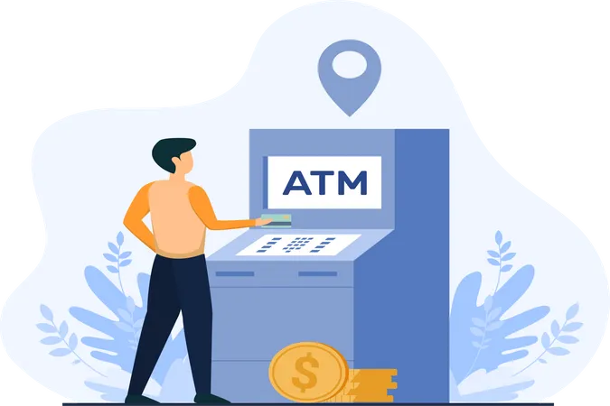 Young Man Doing Withdrawal Of Cash Through Atm Machine  Illustration