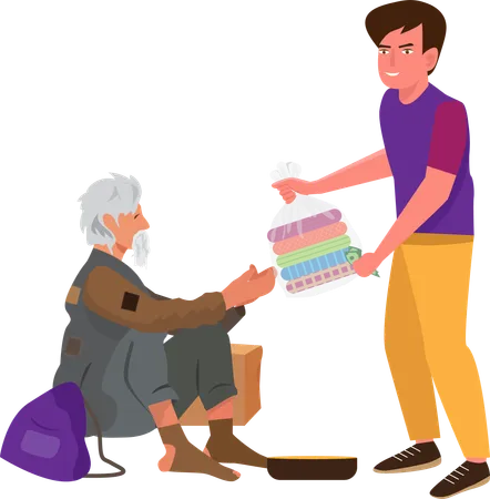 A Kind Young Man Donates Money And Clothes In Plastic Bags To The Homeless And The Poor Flat Style Cartoon Illustration Vector Illustration