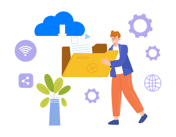Young man download data from cloud  Illustration