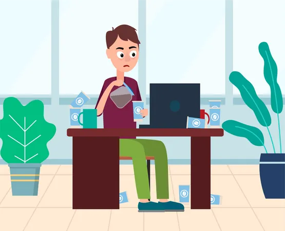 Young man drinking coffee and working at office  Illustration