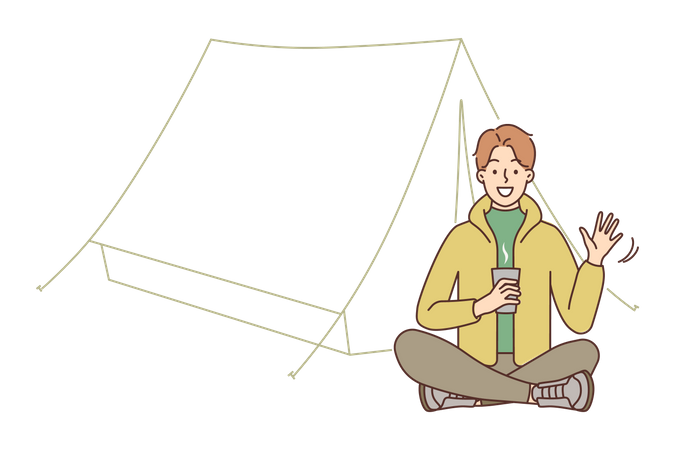 Young man drinking coffee at camping site  Illustration