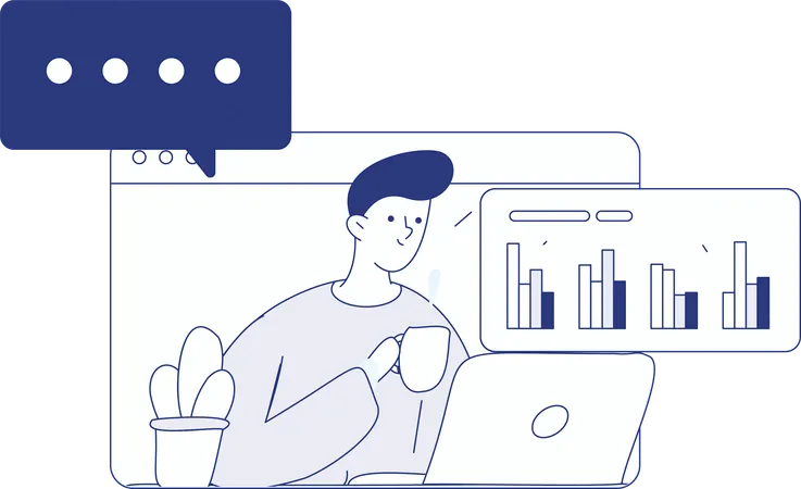 Young man drinking coffee while doing business analysis  Illustration