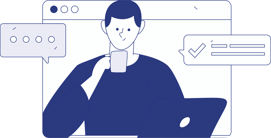 Young man drinking coffee while doing business discussion on laptop  Illustration