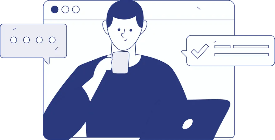 Young man drinking coffee while doing business discussion on laptop  Illustration