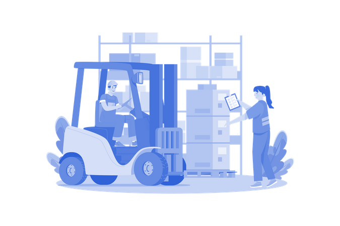 Young Man Drive Forklift Lifting Weight And Girl Checking Delivery Order List  일러스트레이션