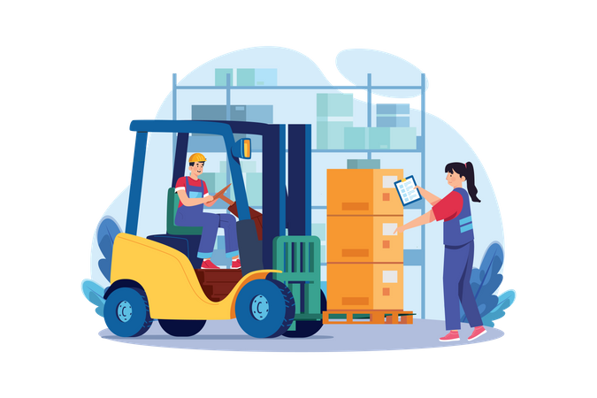Young Man Drive Forklift Lifting Weight And Girl Checking Delivery Order List Illustration
