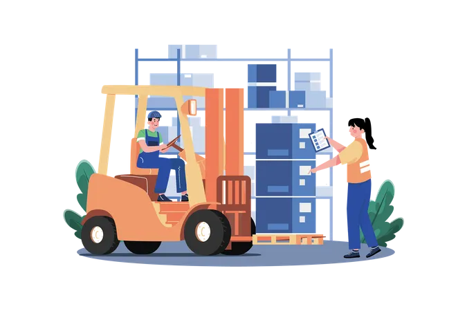 Young Man Drive Forklift Lifting Weight And Girl Checking Delivery Order List Illustration