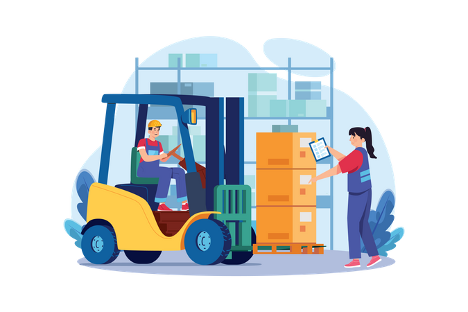Young Man Drive Forklift Lifting Weight And Girl Checking Delivery Order List  Illustration