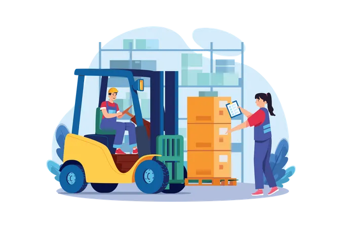 Young Man Drive Forklift Lifting Weight And Girl Checking Delivery Order List  Illustration