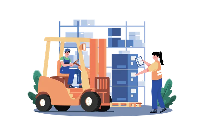Young Man Drive Forklift Lifting Weight And Girl Checking Delivery Order List  Illustration