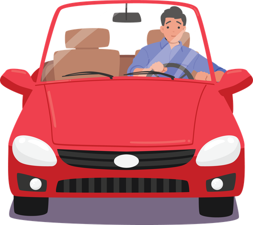 Young man driver riding car enjoying road trip alone  Illustration