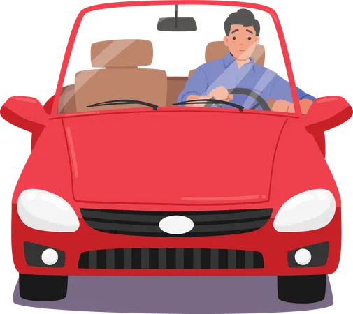 Young man driver riding car enjoying road trip alone  Illustration