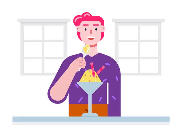 Young man eating flavoured shaved ice  Illustration