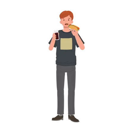 Young man eating hot dog  Illustration
