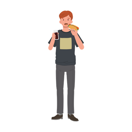 Young man eating hot dog  Illustration