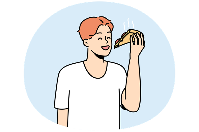 ピザのスライスを食べている若い男性。幸せな男がおいしいイタリアのファーストフードを楽しんでいます。  イラスト