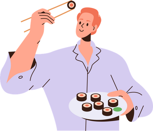 Young man eating sushi Illustration