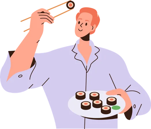 Young man eating sushi Illustration