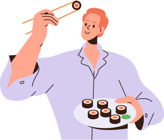 Young man eating sushi  Illustration