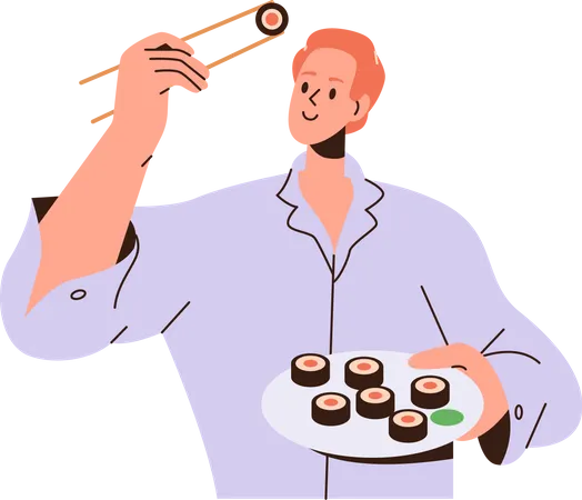 Young man eating sushi  Illustration