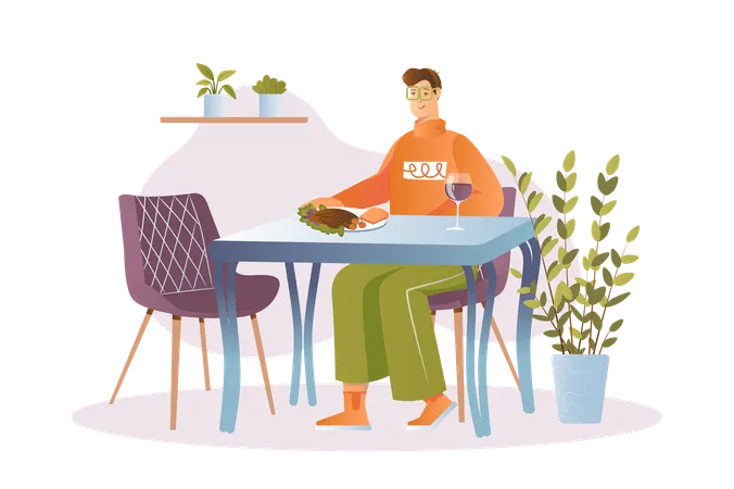 Young man enjoying delicious dinner in restaurant  Illustration