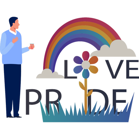 Young man enjoying drink and seeing love pride rainbow  Illustration