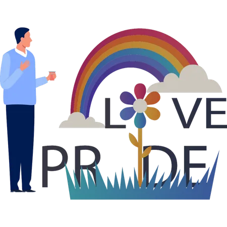 Young man enjoying drink and seeing love pride rainbow  Illustration