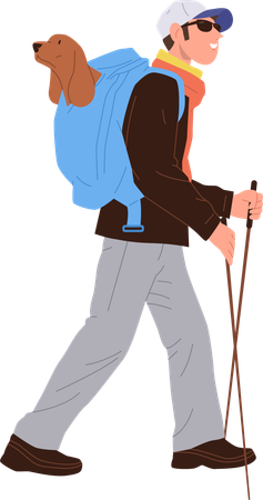 Young man enjoying hiking tour with dog sitting in rucksack  Illustration