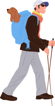 Young man enjoying hiking tour with dog sitting in rucksack  Illustration