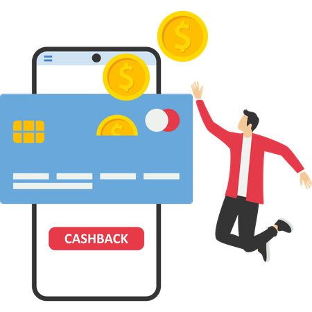 Young man enjoying online money back  Illustration