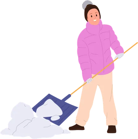 Young man enjoying seasonal work yard cleaning snow with shovel  Illustration