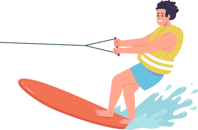 Young man enjoying water skiing in sea  イラスト