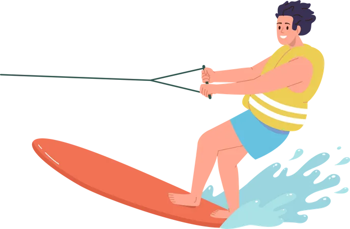 Young man enjoying water skiing in sea  Illustration