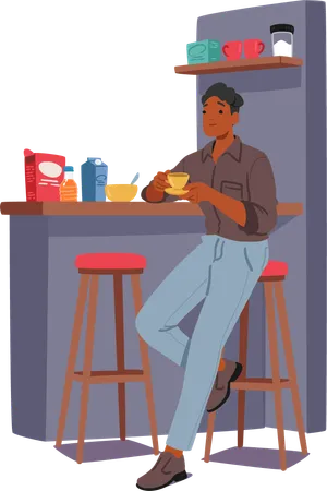 Young Man Immersed In His Daily Routine Savors A Home Cooked Meal The Comforting Ritual Unfolds As He Enjoys Familiar Flavors Creating A Moment Of Solace And Nourishment Vector Illustration Illustration