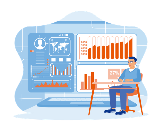 Young Man Examine Stock Market Analysis On Screen  Illustration