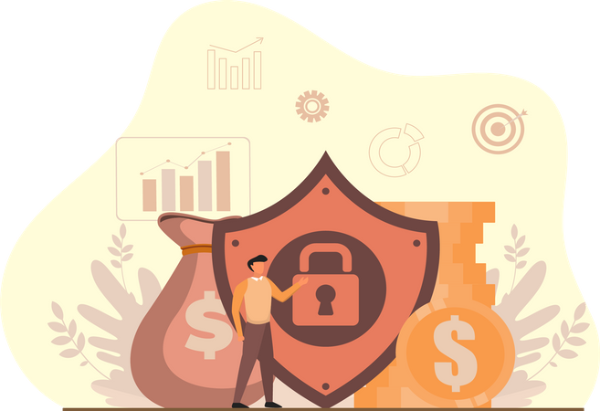 Young Man Explaining About Money Security Lock Illustration