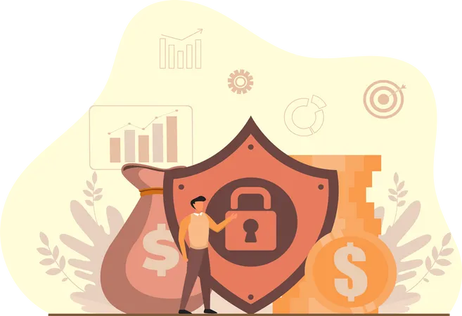 Young Man Explaining About Money Security Lock Illustration