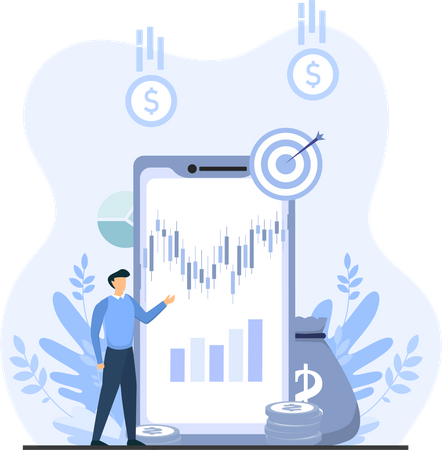 Young Man Explaining Live Market Chart  Illustration