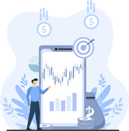 Young Man Explaining Live Market Chart  Illustration