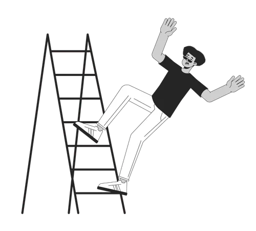 Young Man Falls From Ladder Stair Flat Line Black White Vector Character Editable Outline Full Body Perplexed Guy On White Simple Cartoon Isolated Spot Illustration For Web Graphic Design Illustration