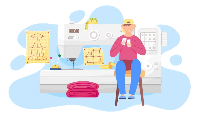 Happy Man Fashion Designer Is Making A Model Sitting Near The Sewing Machine With Pink Cloth And Looking At Clothes Pattern Sewing Workshop Atelier Custom Clothing Weaver And A Piece Of Cloth Illustration